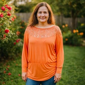 NEW Boston Proper Orange Floral Eyelet Detail Blouse Garden Cottagecore M